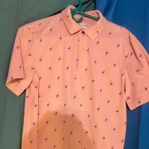 Men’s polo. Peach with navy flamingo print